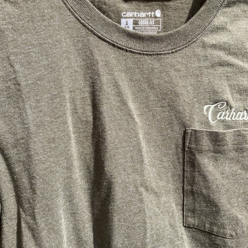 Women's Carhartt T-Shirt Green Spell-Out Cursive S Crew Cotton Pocket Cursive - Picture 10 of 12